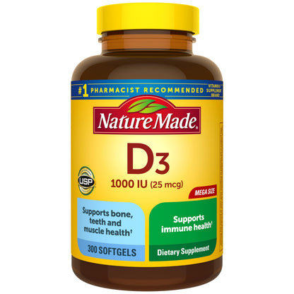 Nature Made Vitamin D3 1000 IU (25 mcg), Vitamin D Supplement for Bone, Teeth, Muscle and Immune Health Support, 100 Softgels, 100 Day Supply