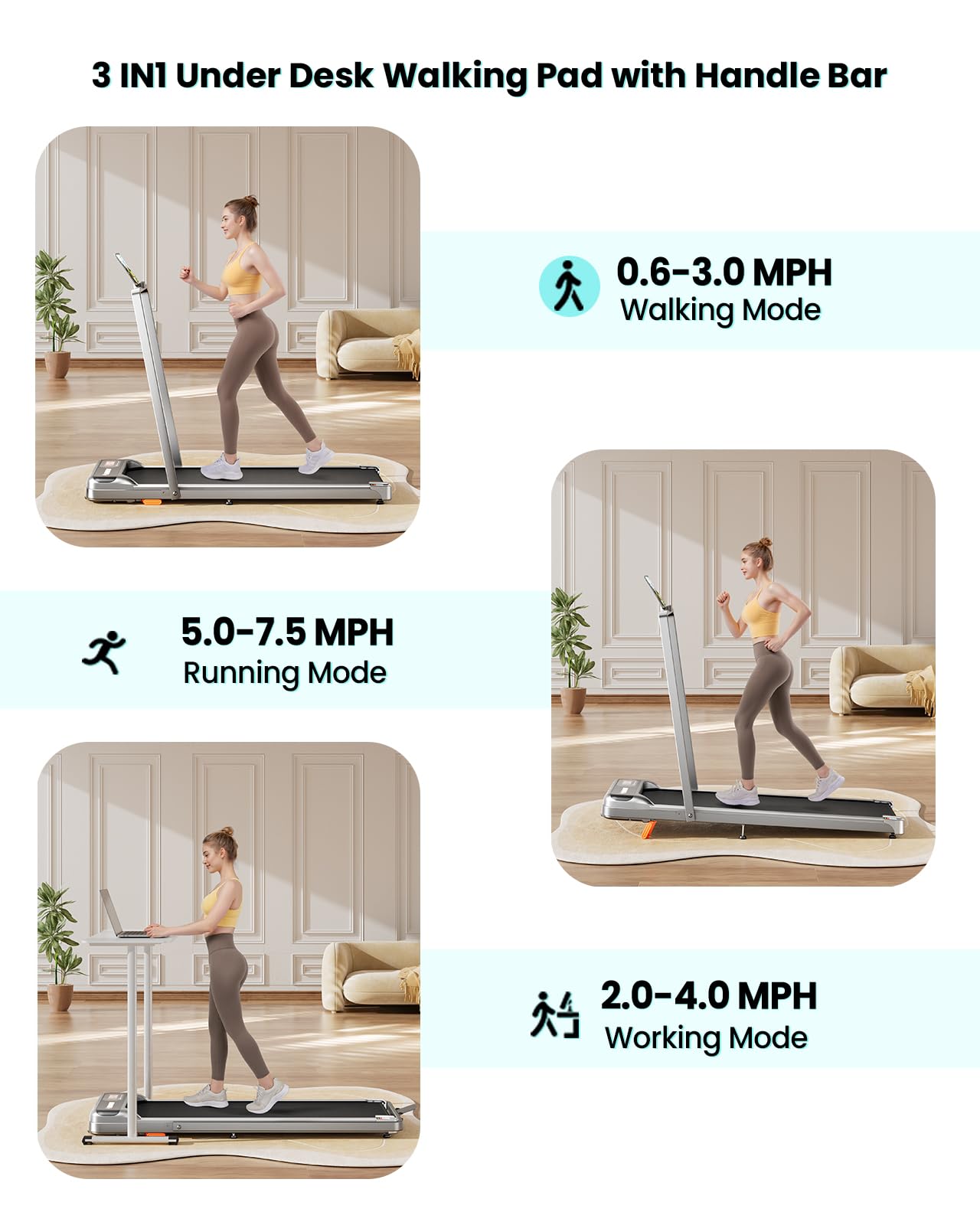 Abonow Portable Walking Pad with Handle Bar for Home & Office, 2 in 1 Under Desk Treadmill with 8% Incline, 2.5HP Small Foldable Compact Treadmills Walking Machine, LED Display, 265 LBS