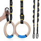 PACEARTH Gymnastics Rings 32mm Wooden Olympic Rings Support 1500lbs Locked Carabiners 9ft Double-Layer Numbered Straps Non-Slip Gym Rings with Foot Straps Door Anchor for Home Gym Full Body Workout