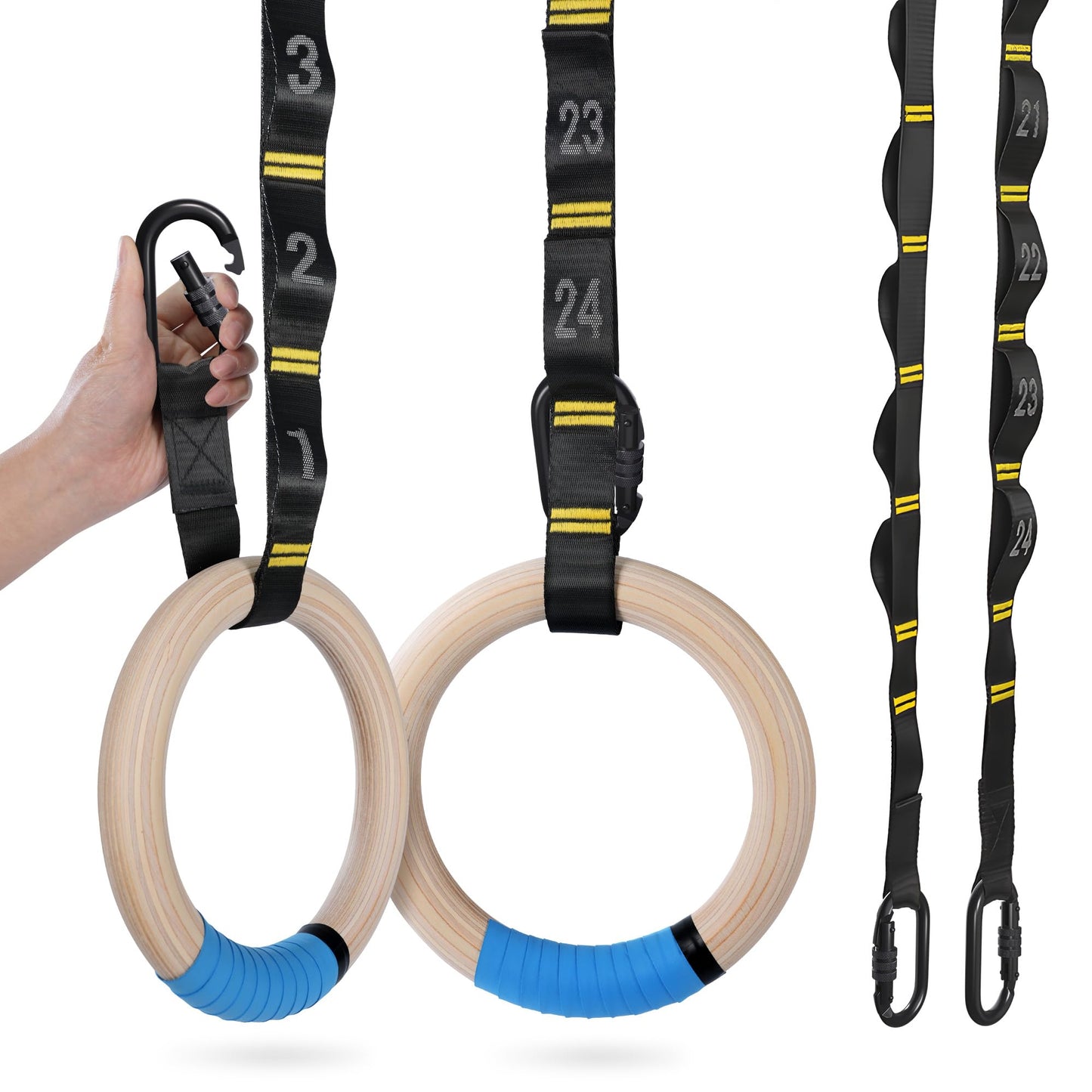 PACEARTH Gymnastics Rings 32mm Wooden Olympic Rings Support 1500lbs Locked Carabiners 9ft Double-Layer Numbered Straps Non-Slip Gym Rings with Foot Straps Door Anchor for Home Gym Full Body Workout