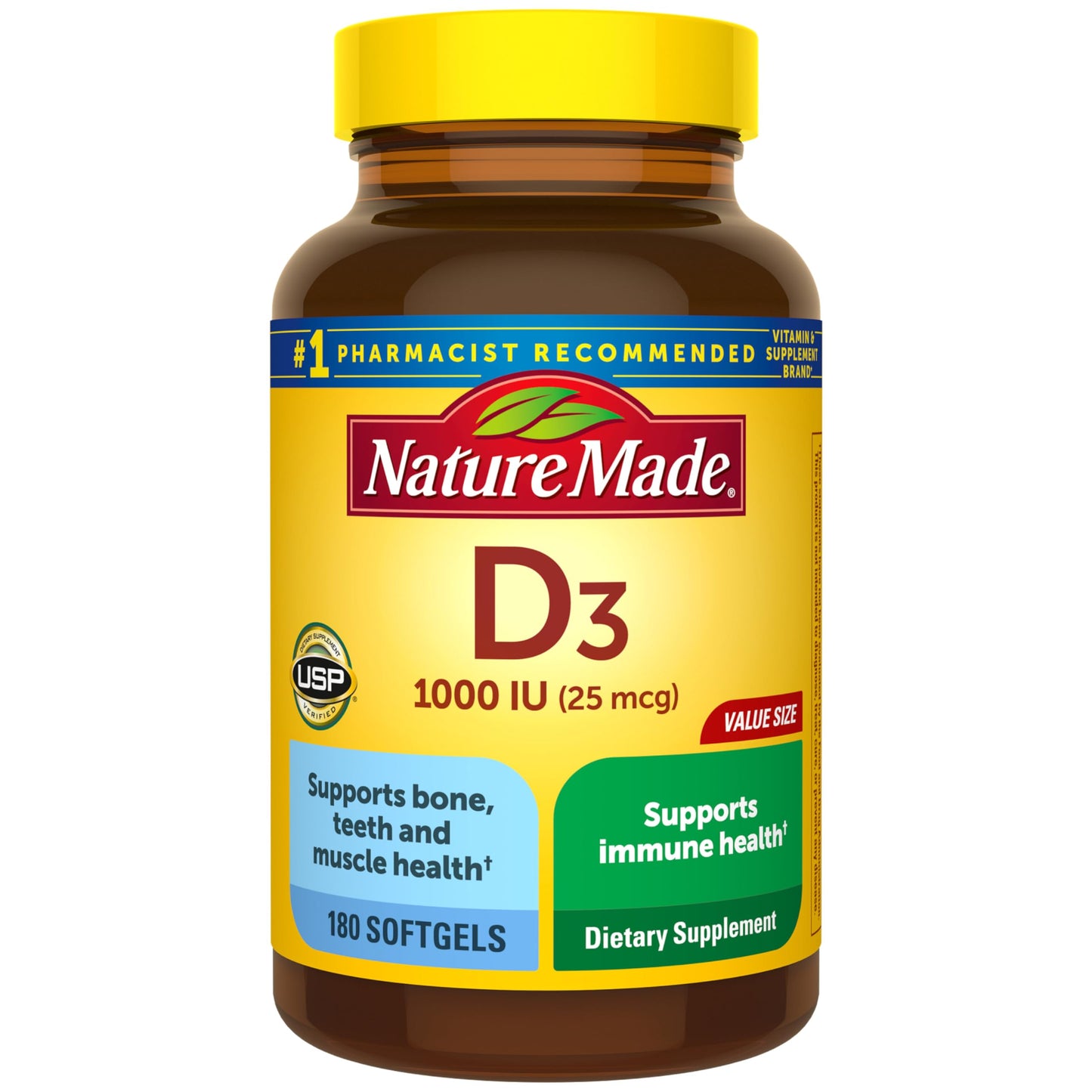 Nature Made Vitamin D3 1000 IU (25 mcg), Vitamin D Supplement for Bone, Teeth, Muscle and Immune Health Support, 100 Softgels, 100 Day Supply