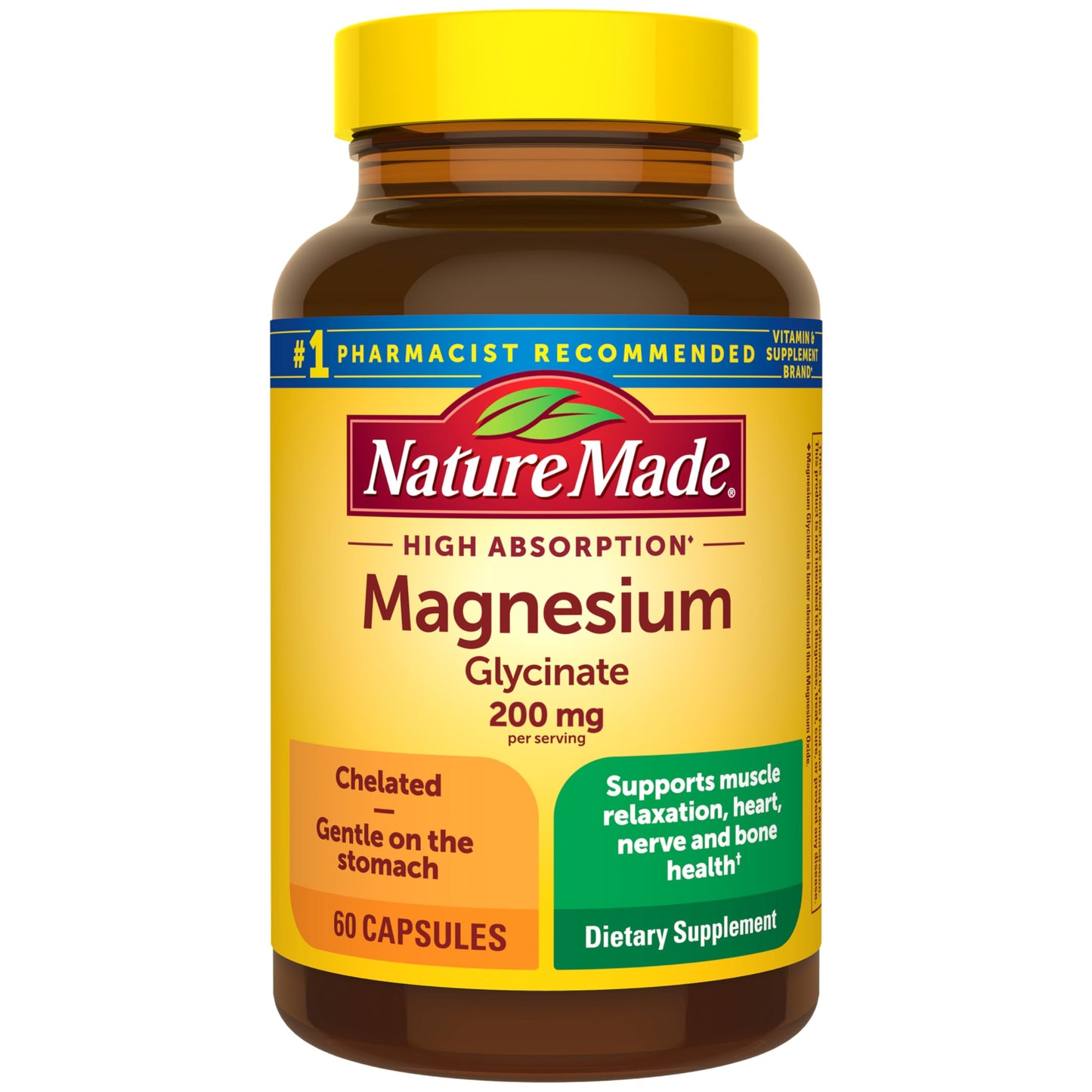 Nature Made Magnesium Glycinate 200 mg per serving, Magnesium Supplement for Muscle, Heart, Nerve and Bone Support, 180 Magnesium Bisglycinate Capsules, 90 Day Supply