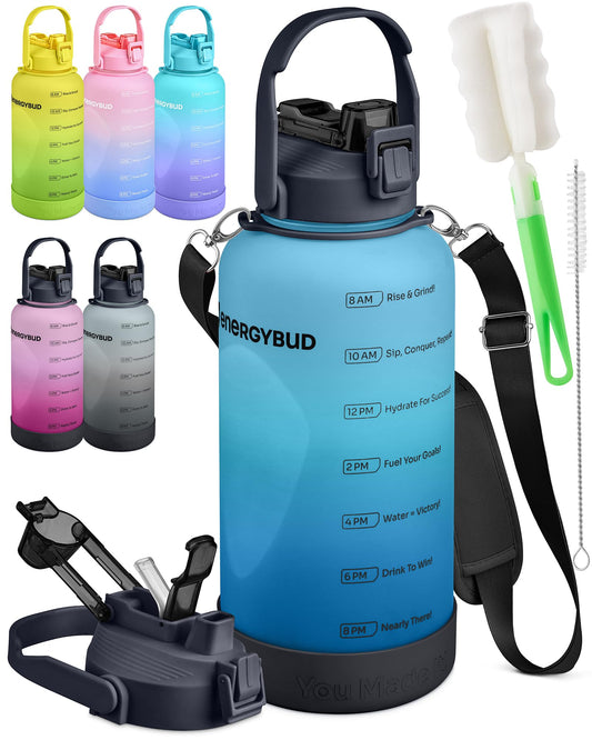 1 Gallon Water Bottle Removable Straw And Handle Dishwasher-Safe BPS & BPA & DEHP Free +2 Brushes Big/Large Bottle With Time Markers Wide Mouth Leakproof 128 oz Jug (Blue & Black)