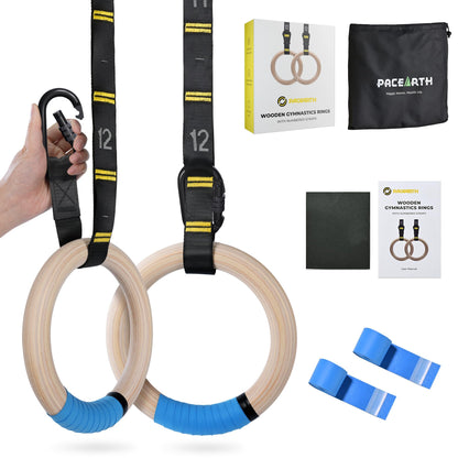 PACEARTH Gymnastics Rings 32mm Wooden Olympic Rings Support 1500lbs Locked Carabiners 9ft Double-Layer Numbered Straps Non-Slip Gym Rings with Foot Straps Door Anchor for Home Gym Full Body Workout