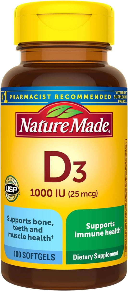 Nature Made Vitamin D3 1000 IU (25 mcg), Dietary Supplement for Bone, Teeth, Muscle and Immune Health Support, 180 Softgels, 180 Day Supply