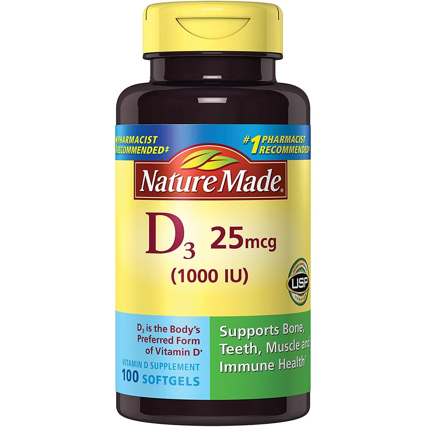 Nature Made Vitamin D3 1000 IU (25 mcg), Vitamin D Supplement for Bone, Teeth, Muscle and Immune Health Support, 100 Softgels, 100 Day Supply