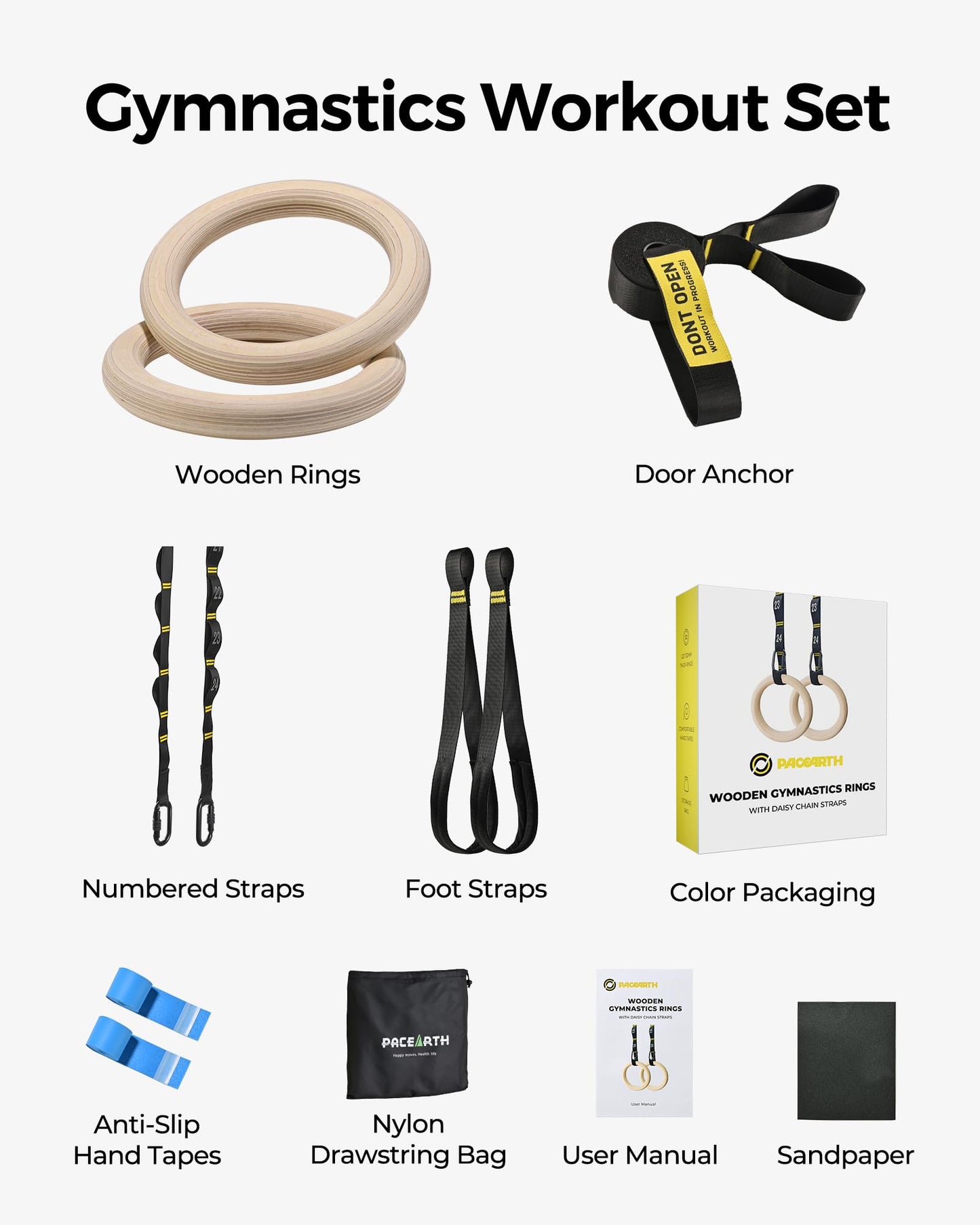 PACEARTH Gymnastics Rings 32mm Wooden Olympic Rings Support 1500lbs Locked Carabiners 9ft Double-Layer Numbered Straps Non-Slip Gym Rings with Foot Straps Door Anchor for Home Gym Full Body Workout