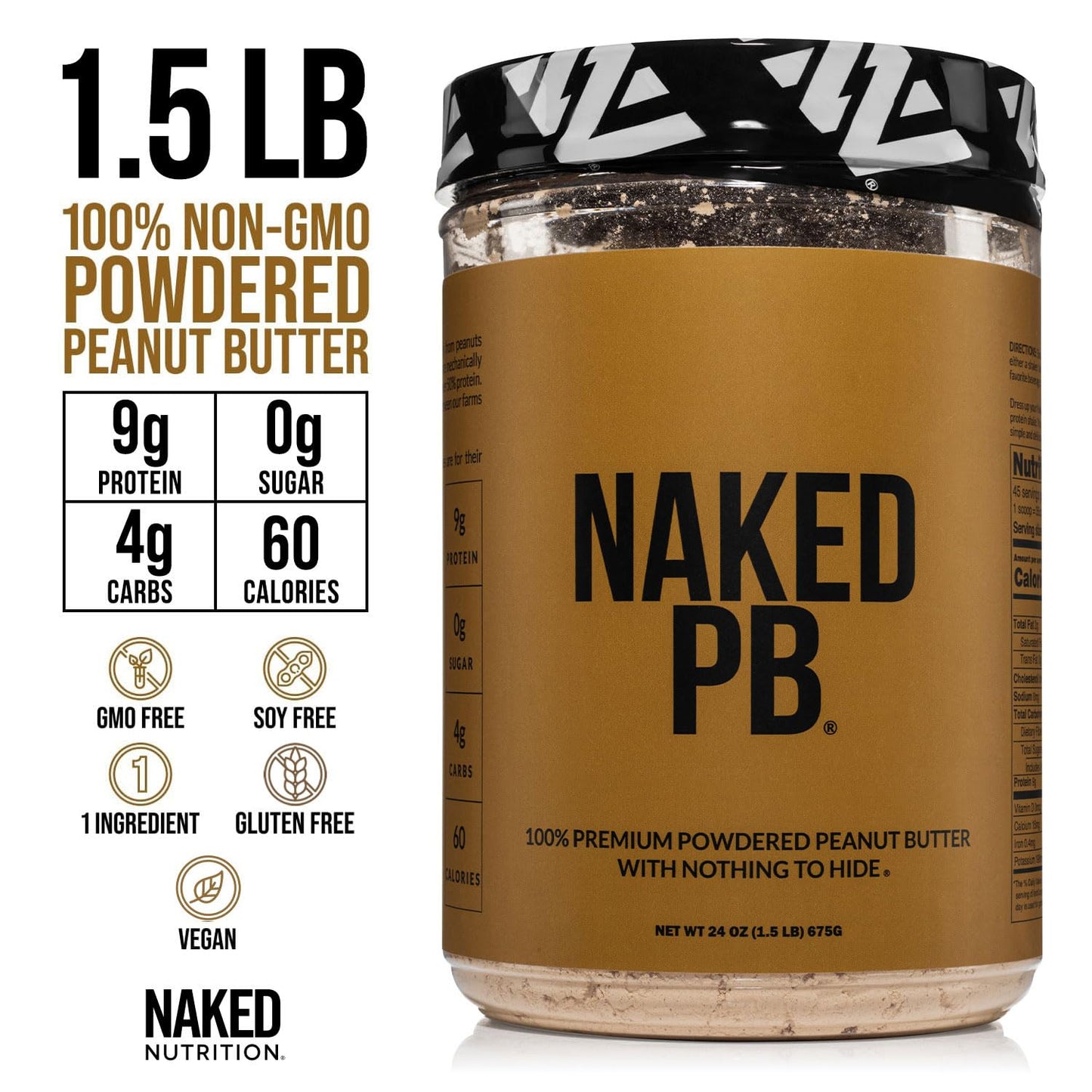 Naked 1.5 LB Powdered Peanut Butter from US Farms – Bulk, Only 1 Ingredient - Roasted Peanuts, Vegan, No Additives, Preservative Free, No Salt, No Sugar - 45 Servings - NAKED PB