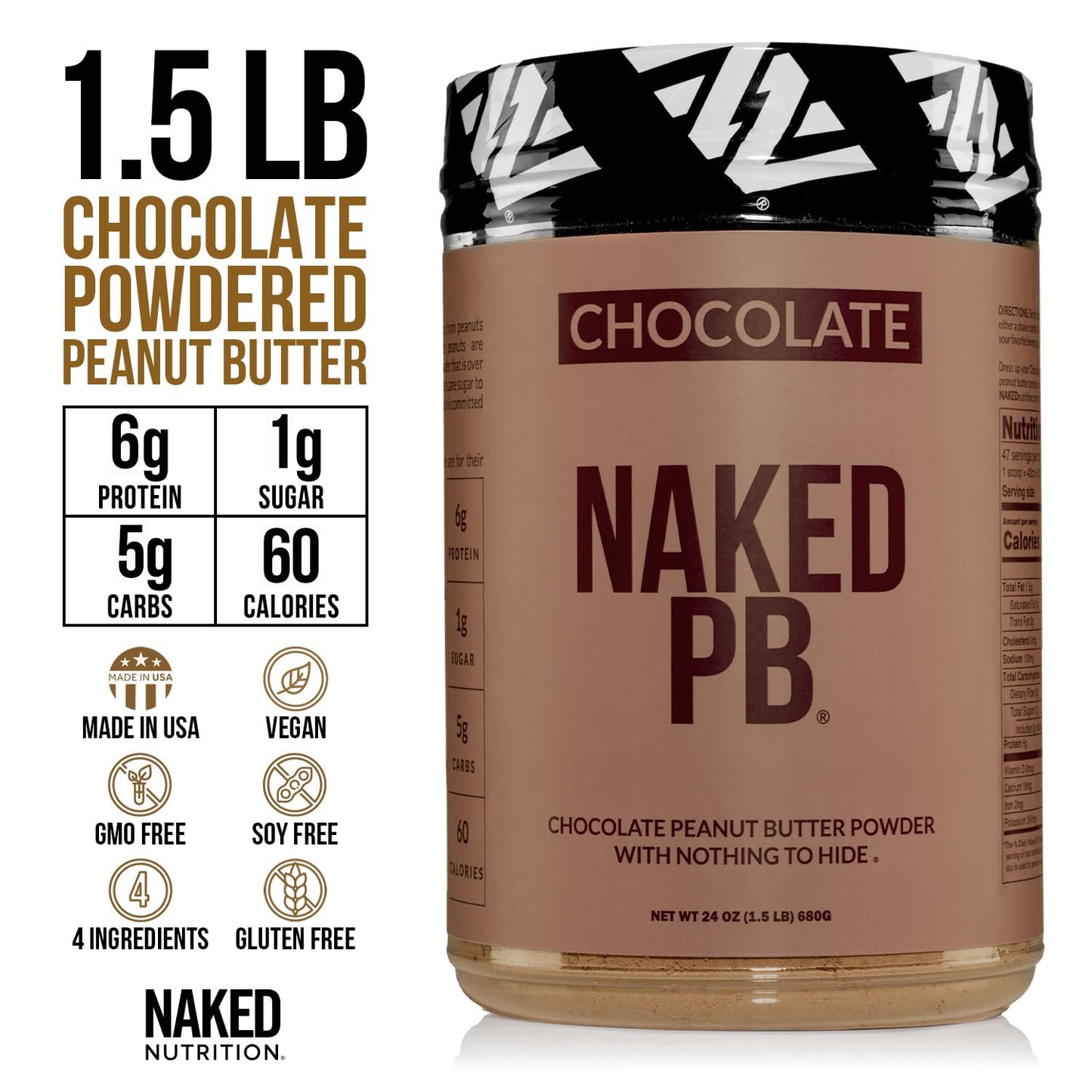 2 LB Powdered Peanut Butter from US Farms – Bulk, Only 1 Ingredient - Roasted Peanuts, Vegan, No Additives, Preservative Free, No Salt, No Sugar - 76 Servings - NAKED PB