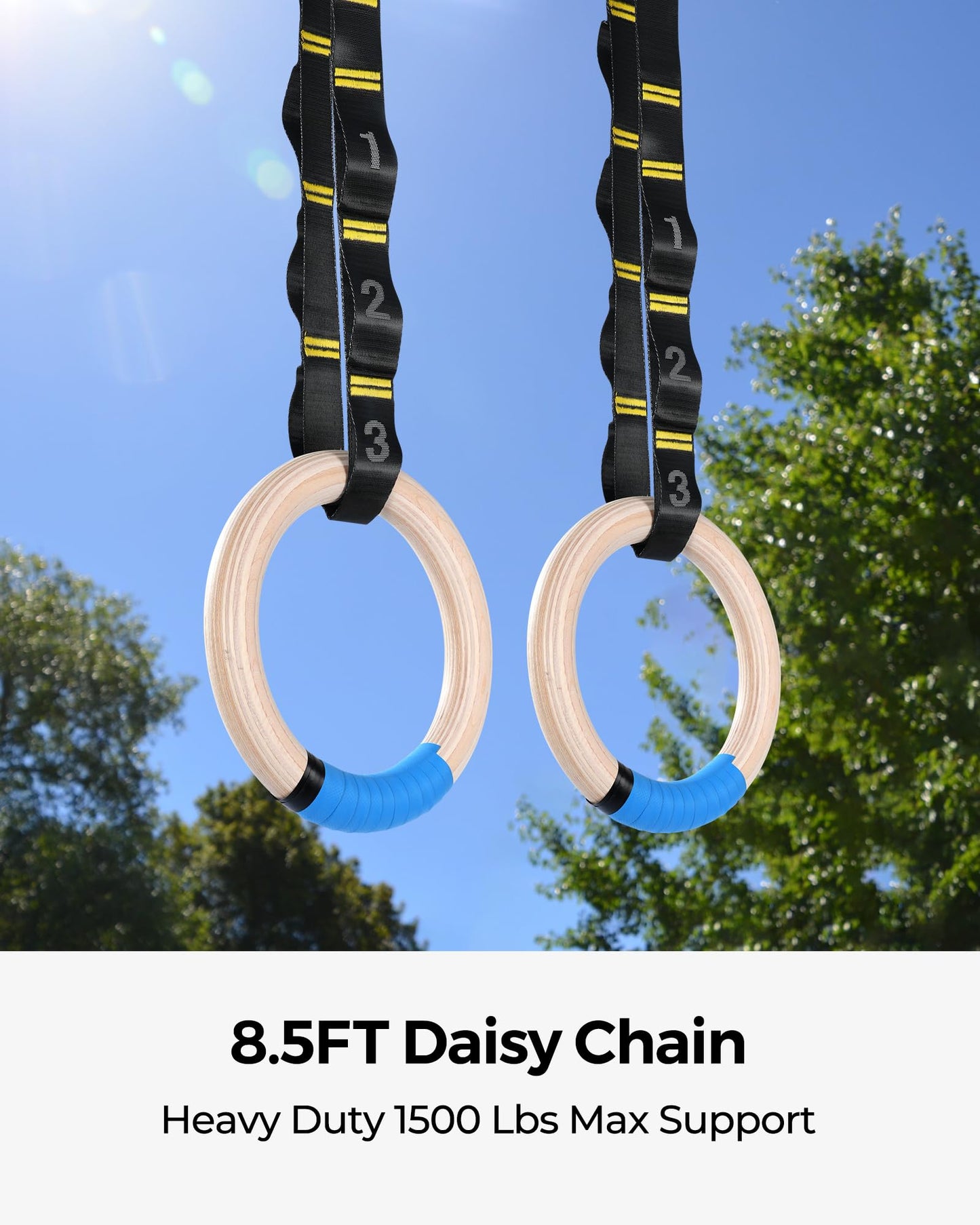 PACEARTH Gymnastics Rings 32mm Wooden Olympic Rings Support 1500lbs Locked Carabiners 9ft Double-Layer Numbered Straps Non-Slip Gym Rings with Foot Straps Door Anchor for Home Gym Full Body Workout