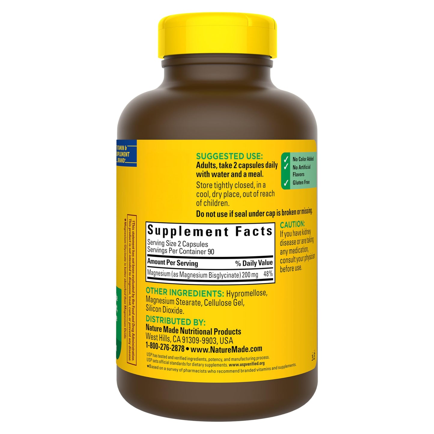 Nature Made Magnesium Glycinate 200 mg per serving, Magnesium Supplement for Muscle, Heart, Nerve and Bone Support, 180 Magnesium Bisglycinate Capsules, 90 Day Supply