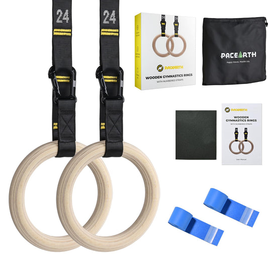 PACEARTH Gymnastics Rings Wooden Olympic Rings Support 1500lbs Locked Carabiners 9ft Double-Layer Numbered Straps Non-Slip Gym Rings with Foot Straps Door Anchor for Home Gym Full Body Workout