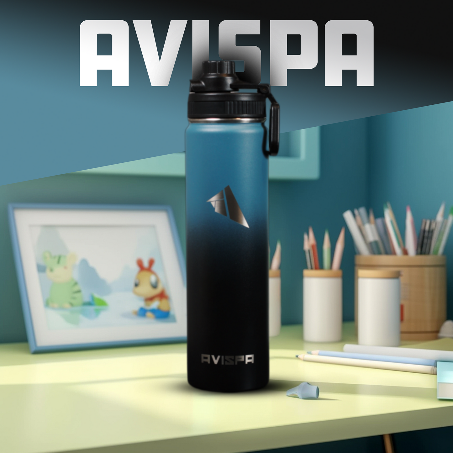 Stainless Steel Water Bottle Blue Gray and Black