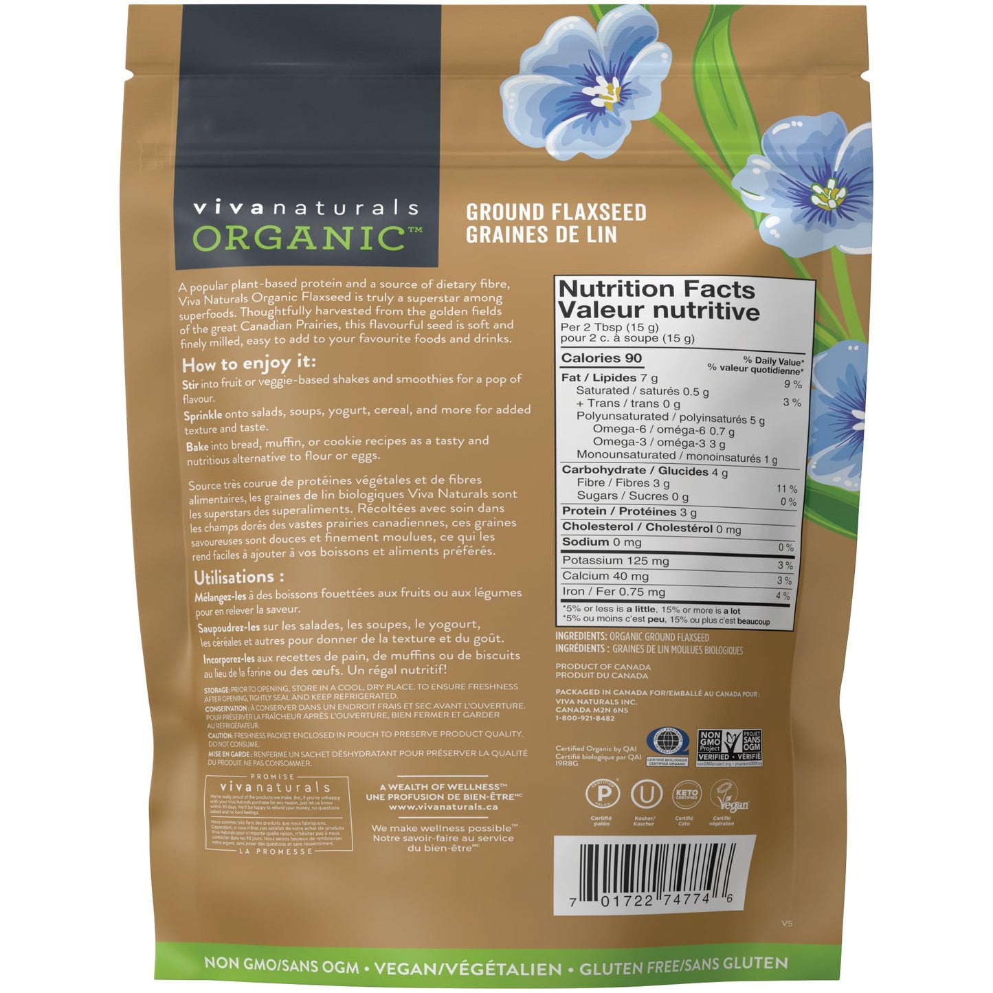 Viva Naturals Organic Ground Flaxseed, 30 oz (850 g) – Plant-Based Protein, Vegan Omega-3 & Fiber, Finely Milled Flax Seeds, Perfect for Smoothies & Baking