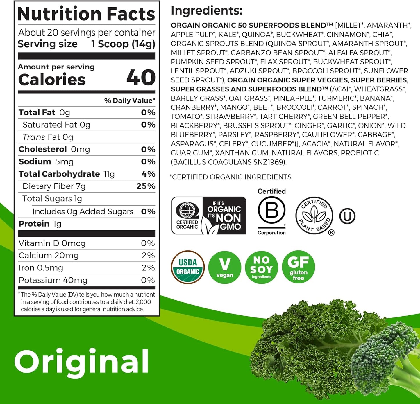 Orgain Organic Greens Powder + 50 Superfoods, Original - 1 Billion Probiotics for Digestive Health, Antioxidants, Vegan, Plant-Based, Gluten-Free, Non-GMO, Green Juice & Smoothie Drink Mix - 0.62lb