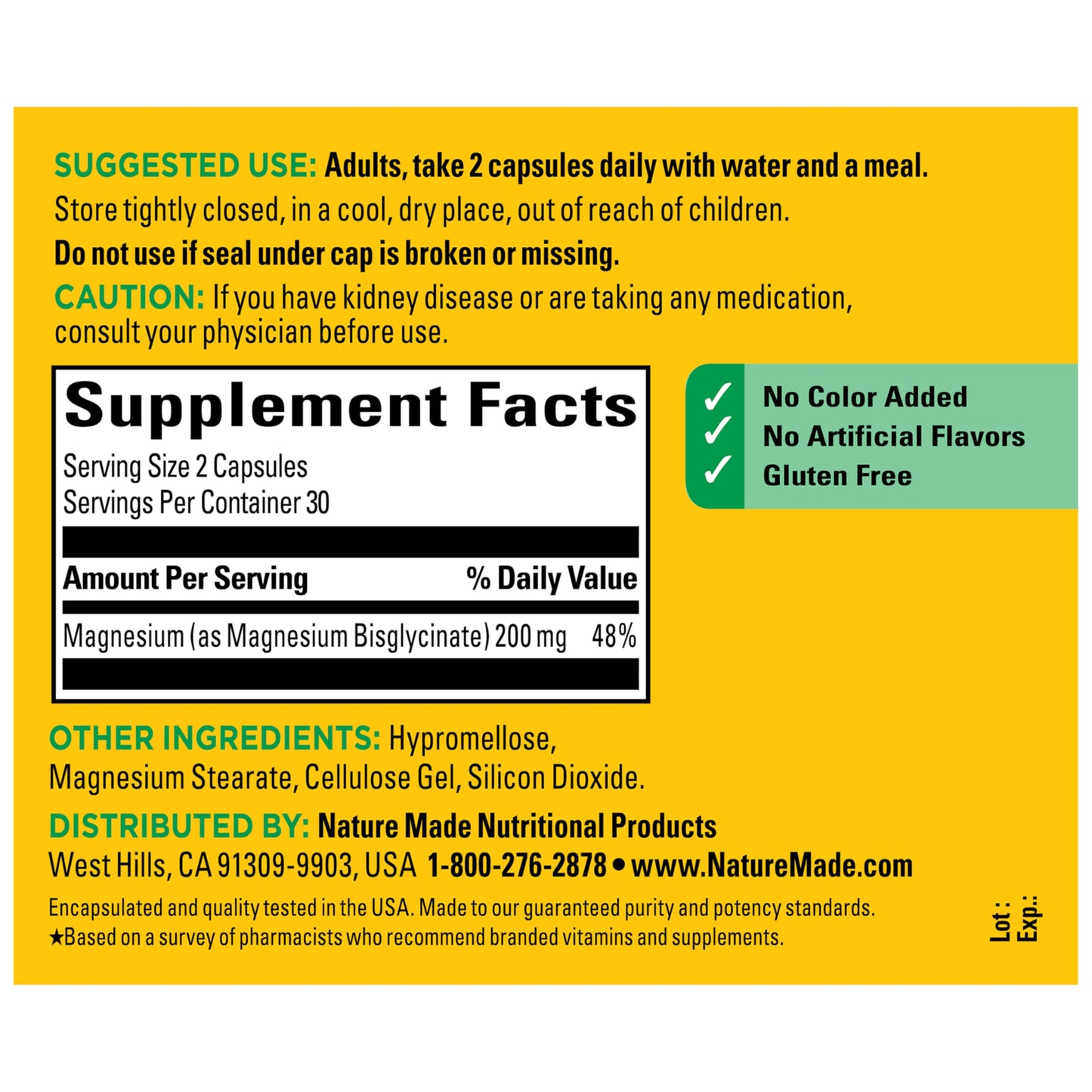Nature Made Magnesium Glycinate 200 mg per serving, Magnesium Supplement for Muscle, Heart, Nerve and Bone Support, 180 Magnesium Bisglycinate Capsules, 90 Day Supply