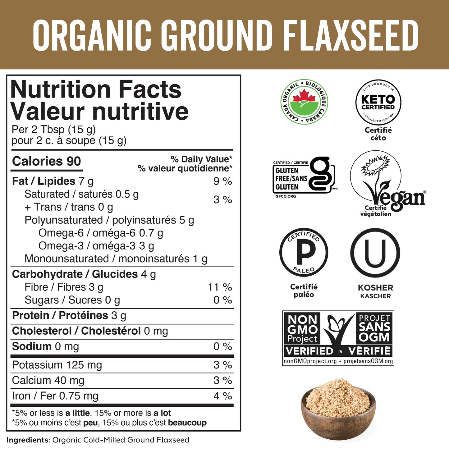 Viva Naturals Organic Ground Flaxseed, 30 oz (850 g) – Plant-Based Protein, Vegan Omega-3 & Fiber, Finely Milled Flax Seeds, Perfect for Smoothies & Baking