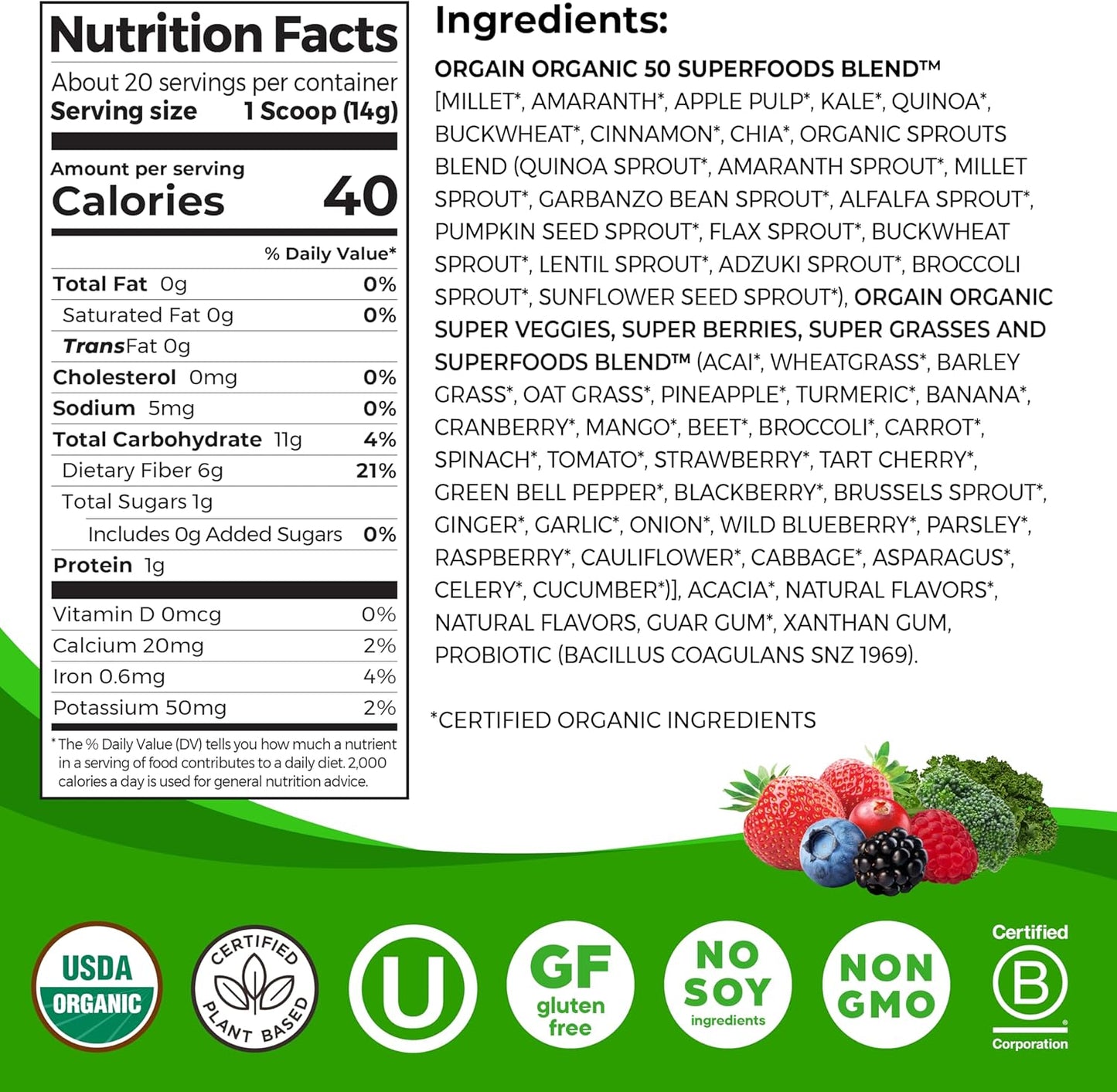 Orgain Organic Greens Powder + 50 Superfoods, Original - 1 Billion Probiotics for Digestive Health, Antioxidants, Vegan, Plant-Based, Gluten-Free, Non-GMO, Green Juice & Smoothie Drink Mix - 0.62lb