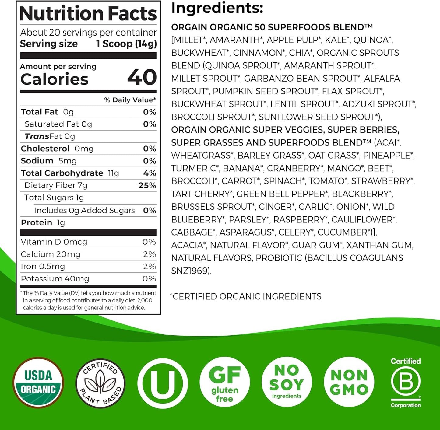 Orgain Organic Greens Powder + 50 Superfoods, Original - 1 Billion Probiotics for Digestive Health, Antioxidants, Vegan, Plant-Based, Gluten-Free, Non-GMO, Green Juice & Smoothie Drink Mix - 0.62lb