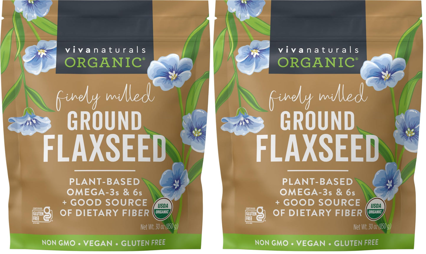 Viva Naturals Organic Ground Flaxseed, 30 oz (850 g) – Plant-Based Protein, Vegan Omega-3 & Fiber, Finely Milled Flax Seeds, Perfect for Smoothies & Baking