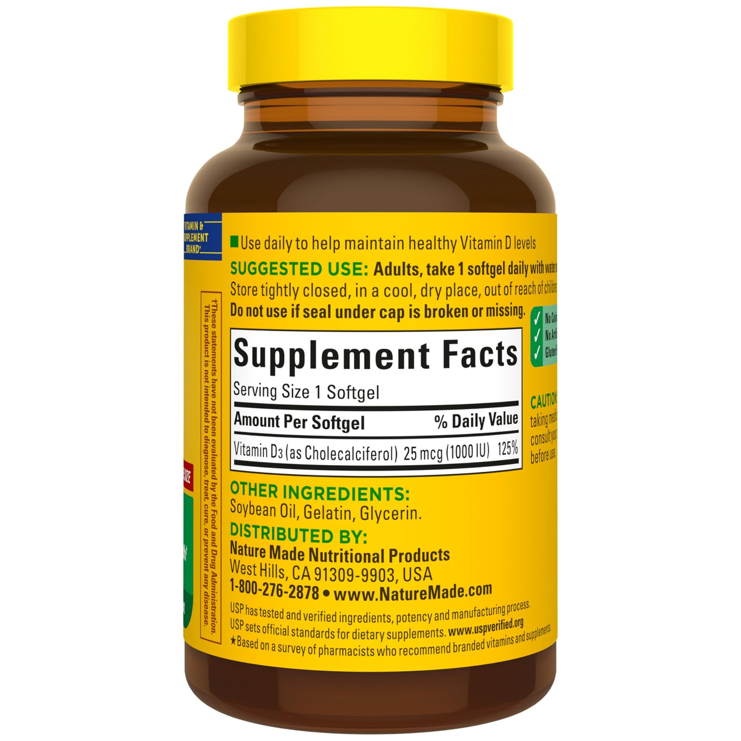 Nature Made Vitamin D3 1000 IU (25 mcg), Vitamin D Supplement for Bone, Teeth, Muscle and Immune Health Support, 100 Softgels, 100 Day Supply
