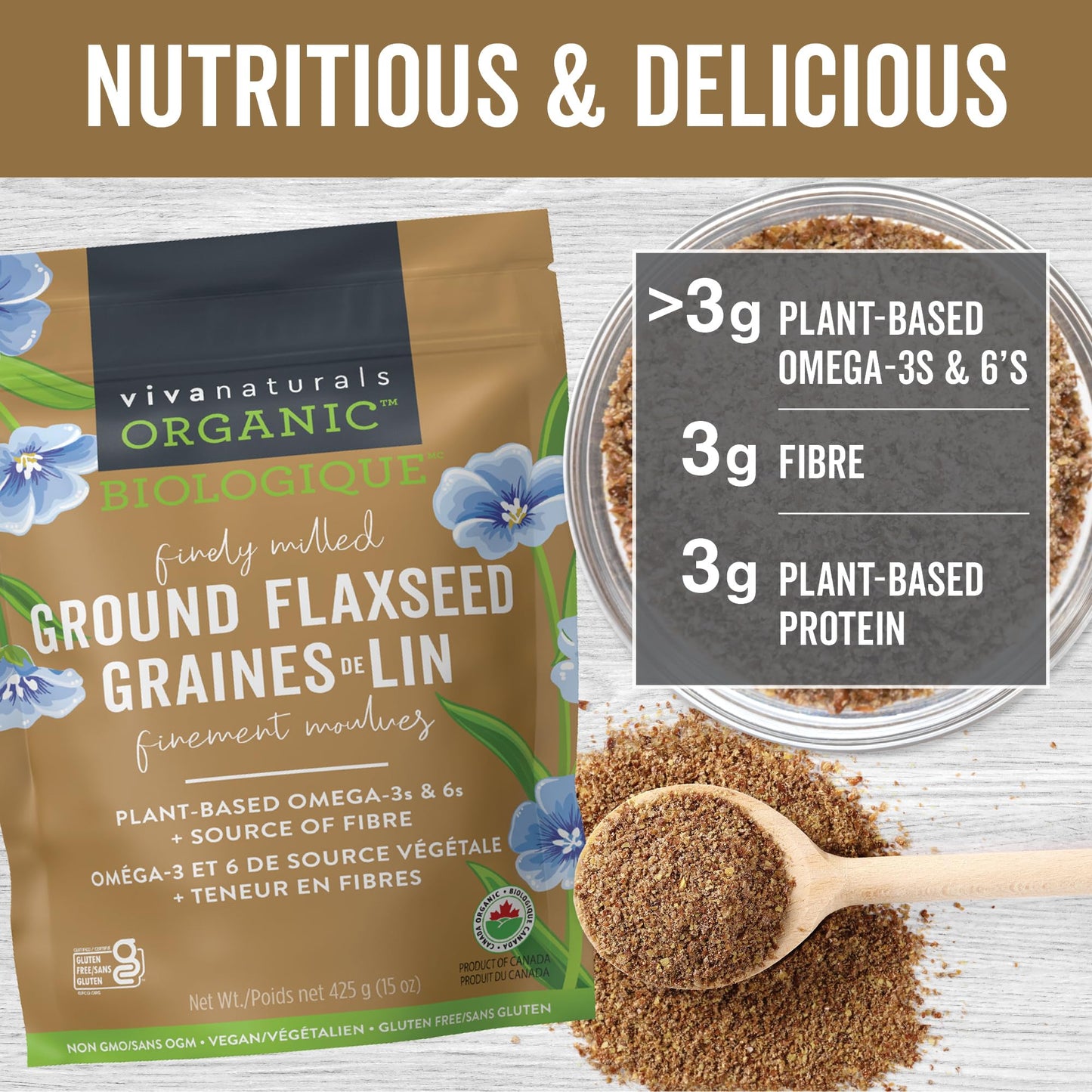 Viva Naturals Organic Ground Flaxseed, 30 oz (850 g) – Plant-Based Protein, Vegan Omega-3 & Fiber, Finely Milled Flax Seeds, Perfect for Smoothies & Baking
