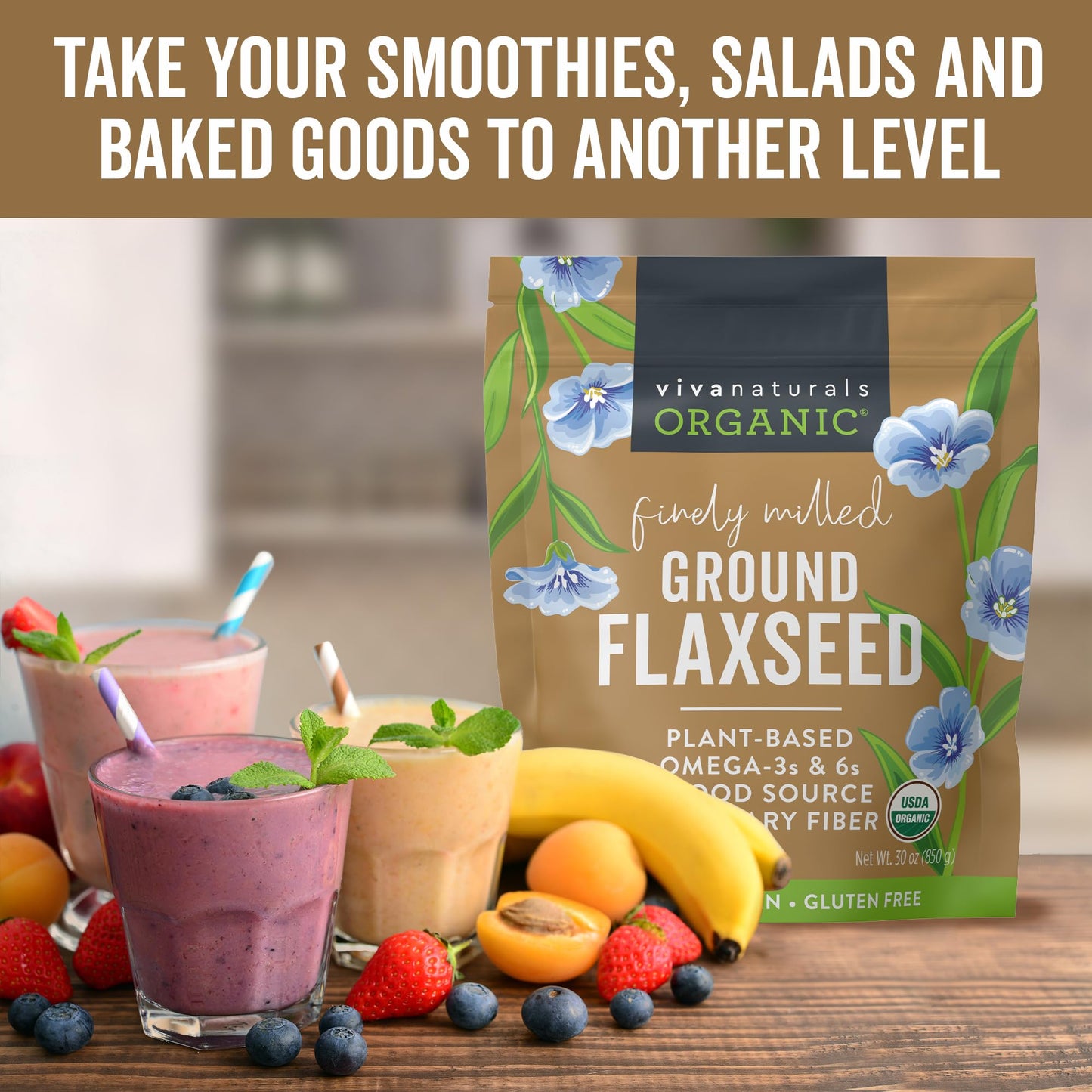 Viva Naturals Organic Ground Flaxseed, 30 oz (850 g) – Plant-Based Protein, Vegan Omega-3 & Fiber, Finely Milled Flax Seeds, Perfect for Smoothies & Baking
