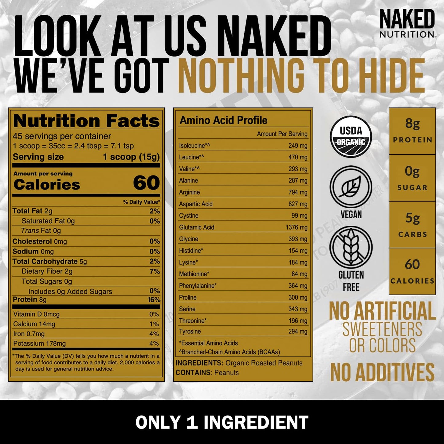 Naked 1.5 LB Powdered Peanut Butter from US Farms – Bulk, Only 1 Ingredient - Roasted Peanuts, Vegan, No Additives, Preservative Free, No Salt, No Sugar - 45 Servings - NAKED PB