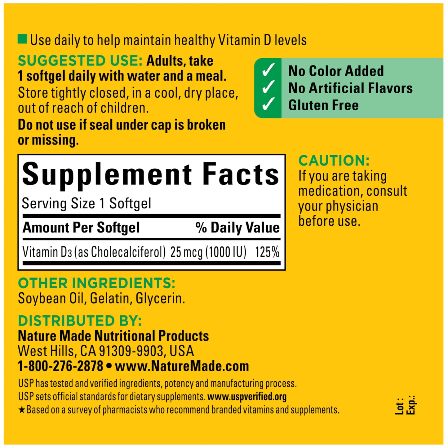 Nature Made Vitamin D3 1000 IU (25 mcg), Vitamin D Supplement for Bone, Teeth, Muscle and Immune Health Support, 100 Softgels, 100 Day Supply
