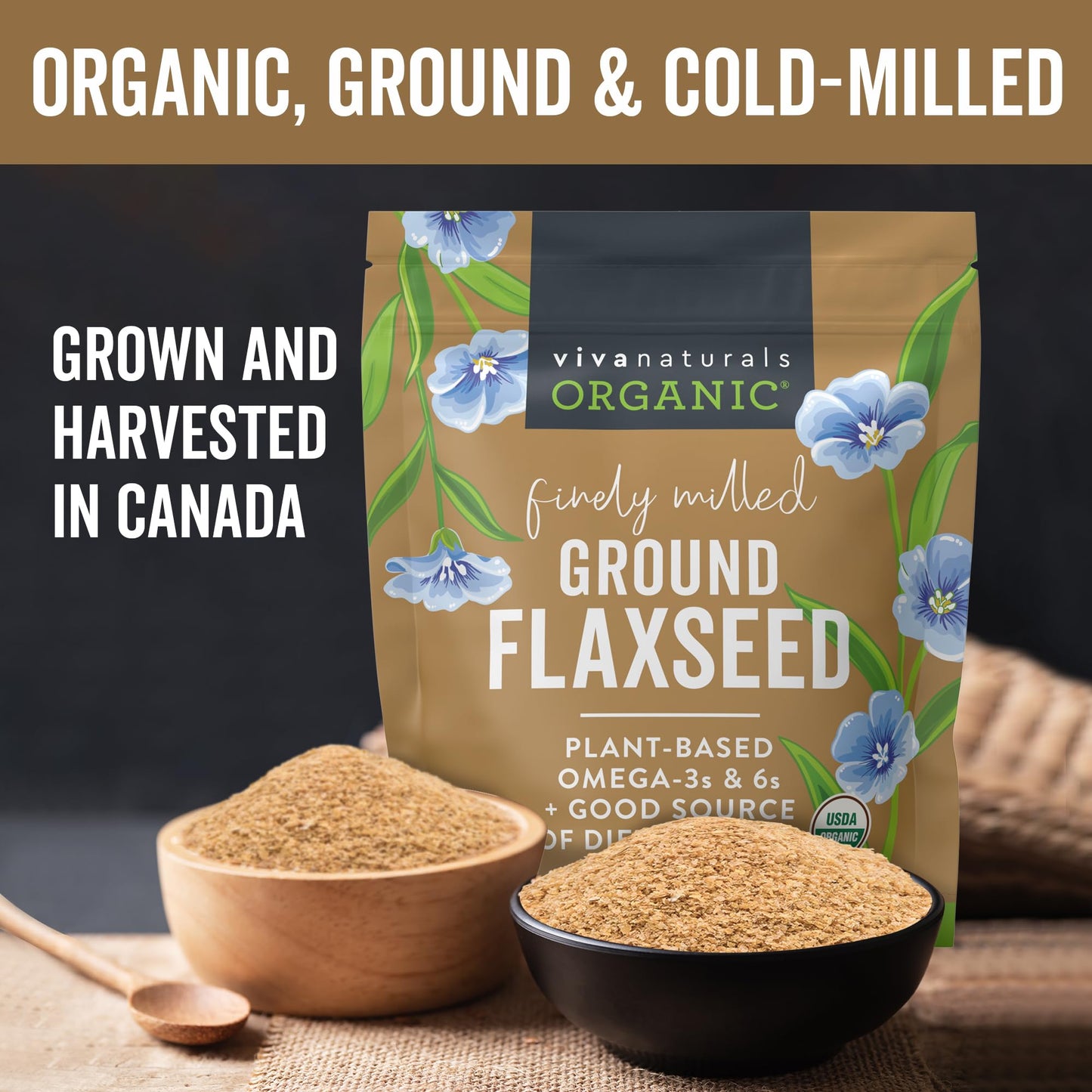 Viva Naturals Organic Ground Flaxseed, 30 oz (850 g) – Plant-Based Protein, Vegan Omega-3 & Fiber, Finely Milled Flax Seeds, Perfect for Smoothies & Baking