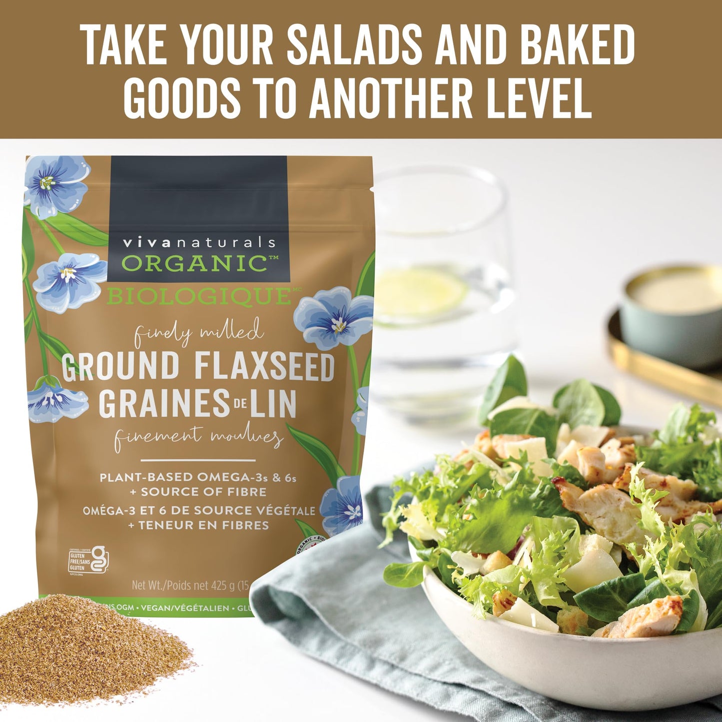 Viva Naturals Organic Ground Flaxseed, 30 oz (850 g) – Plant-Based Protein, Vegan Omega-3 & Fiber, Finely Milled Flax Seeds, Perfect for Smoothies & Baking
