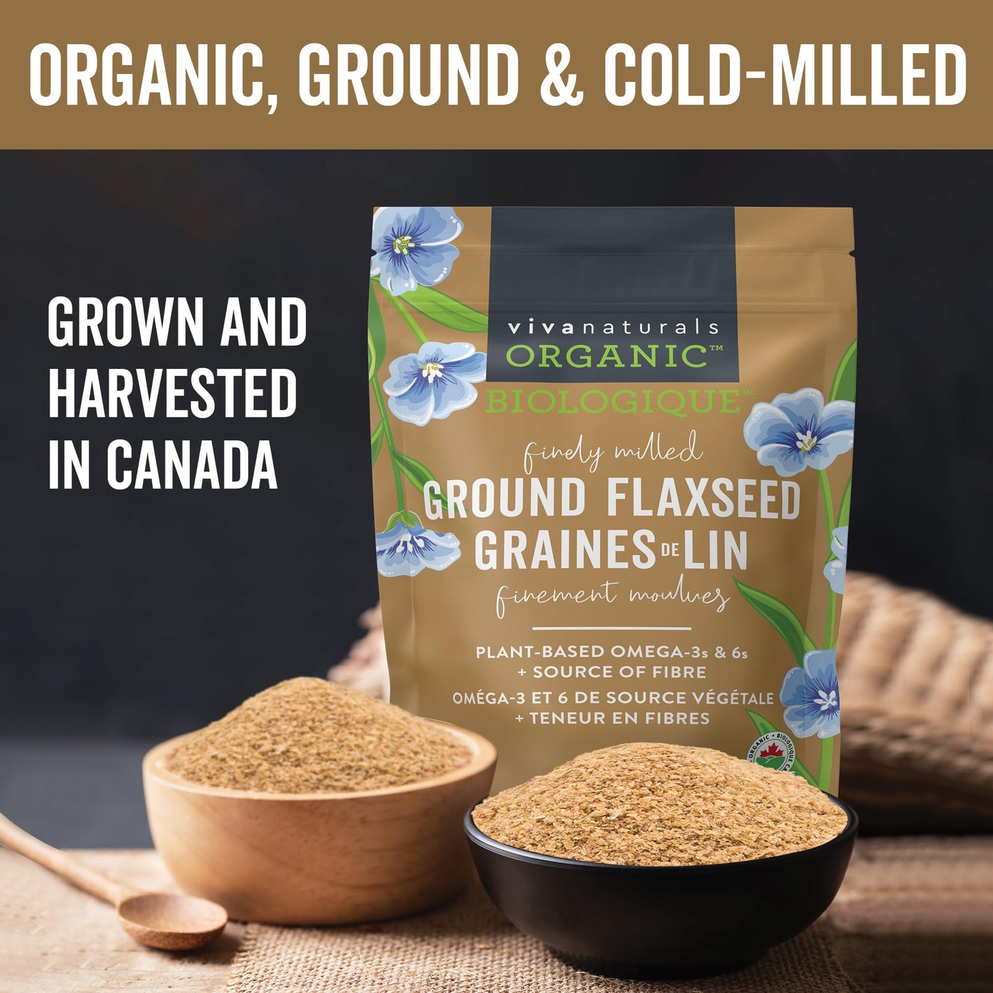Viva Naturals Organic Ground Flaxseed, 30 oz (850 g) – Plant-Based Protein, Vegan Omega-3 & Fiber, Finely Milled Flax Seeds, Perfect for Smoothies & Baking