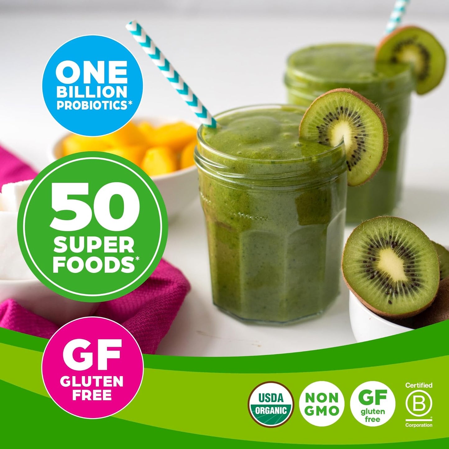 Orgain Organic Greens Powder + 50 Superfoods, Original - 1 Billion Probiotics for Digestive Health, Antioxidants, Vegan, Plant-Based, Gluten-Free, Non-GMO, Green Juice & Smoothie Drink Mix - 0.62lb
