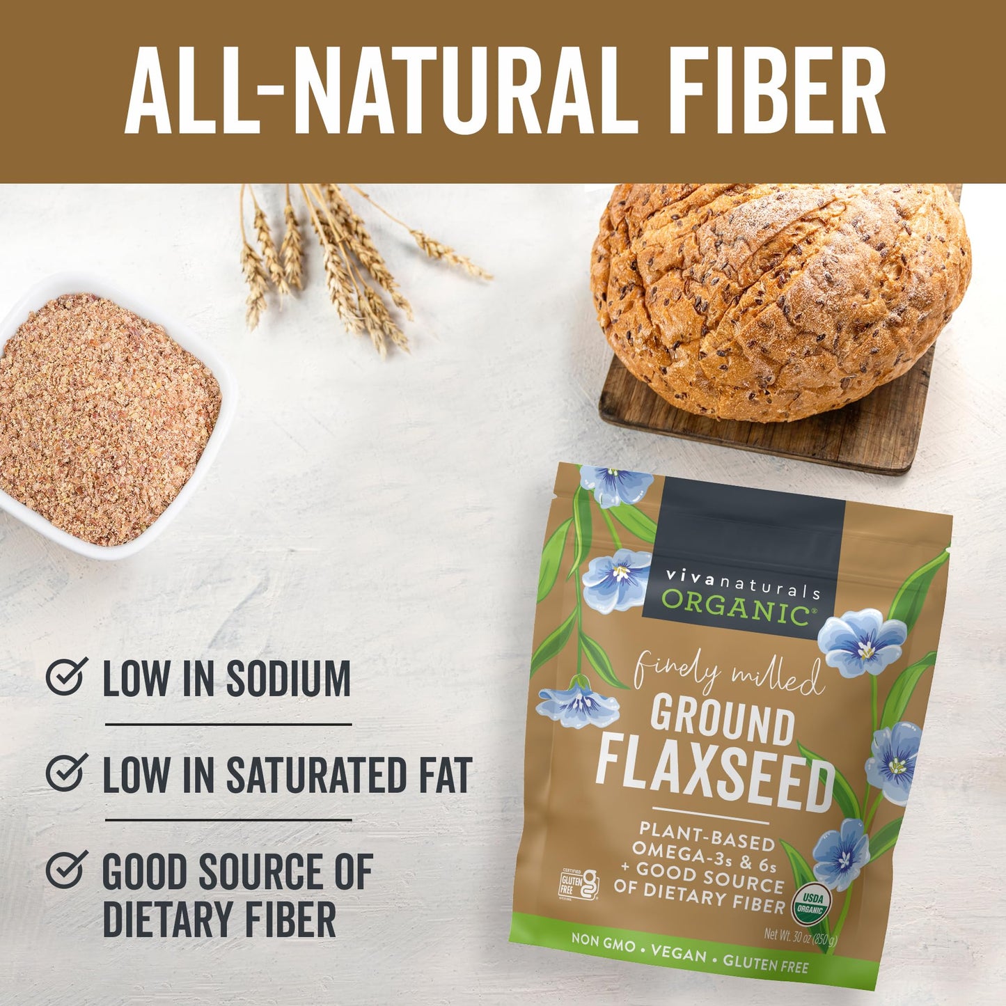 Viva Naturals Organic Ground Flaxseed, 30 oz (850 g) – Plant-Based Protein, Vegan Omega-3 & Fiber, Finely Milled Flax Seeds, Perfect for Smoothies & Baking