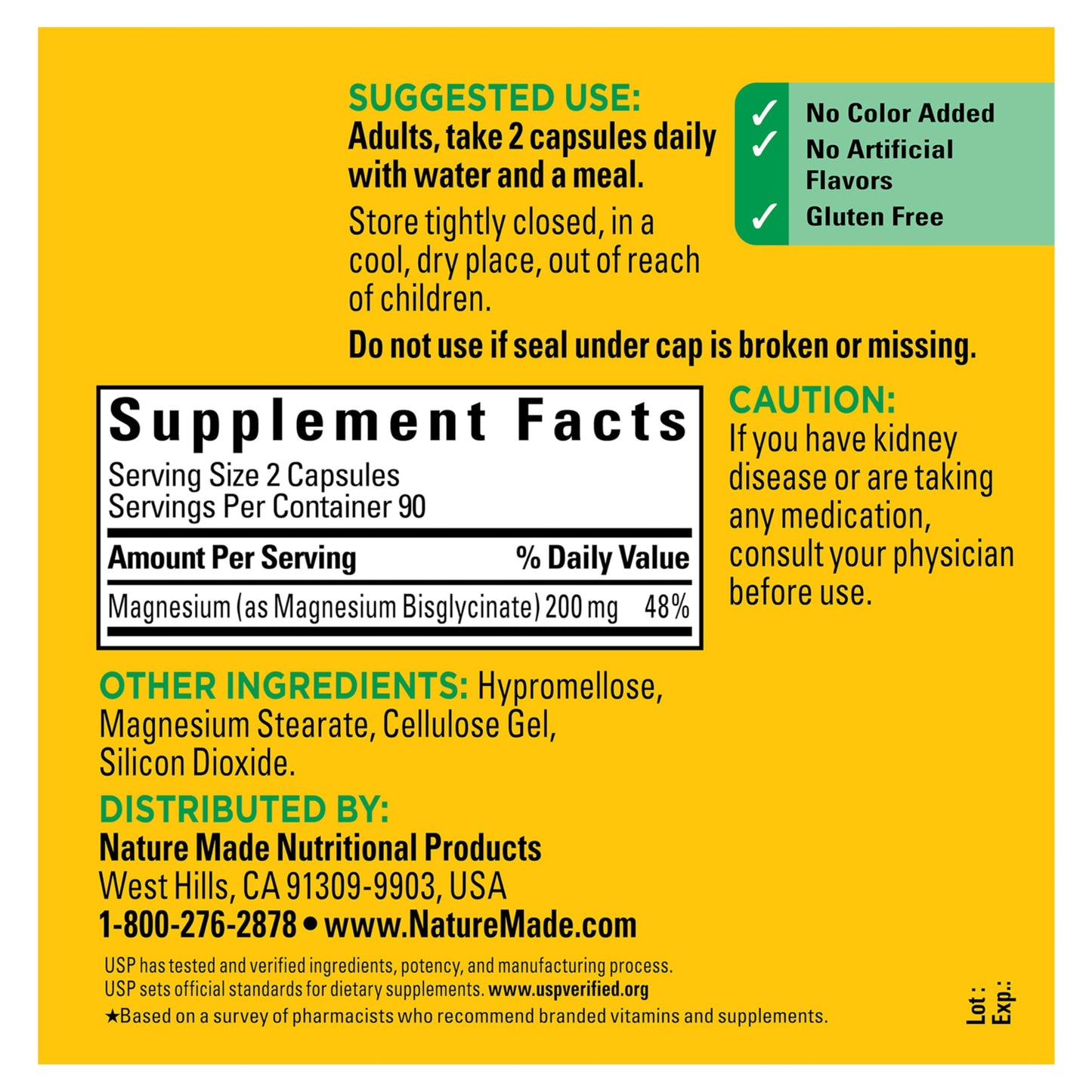 Nature Made Magnesium Glycinate 200 mg per serving, Magnesium Supplement for Muscle, Heart, Nerve and Bone Support, 180 Magnesium Bisglycinate Capsules, 90 Day Supply
