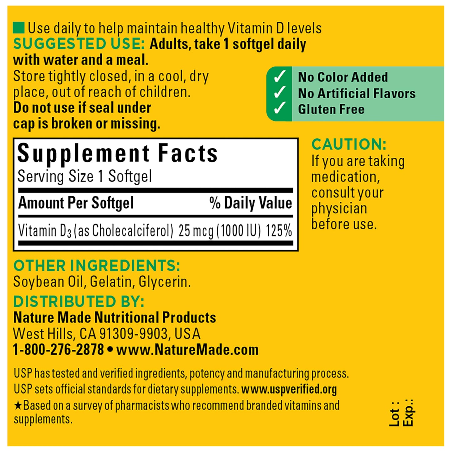 Nature Made Vitamin D3 1000 IU (25 mcg), Vitamin D Supplement for Bone, Teeth, Muscle and Immune Health Support, 100 Softgels, 100 Day Supply