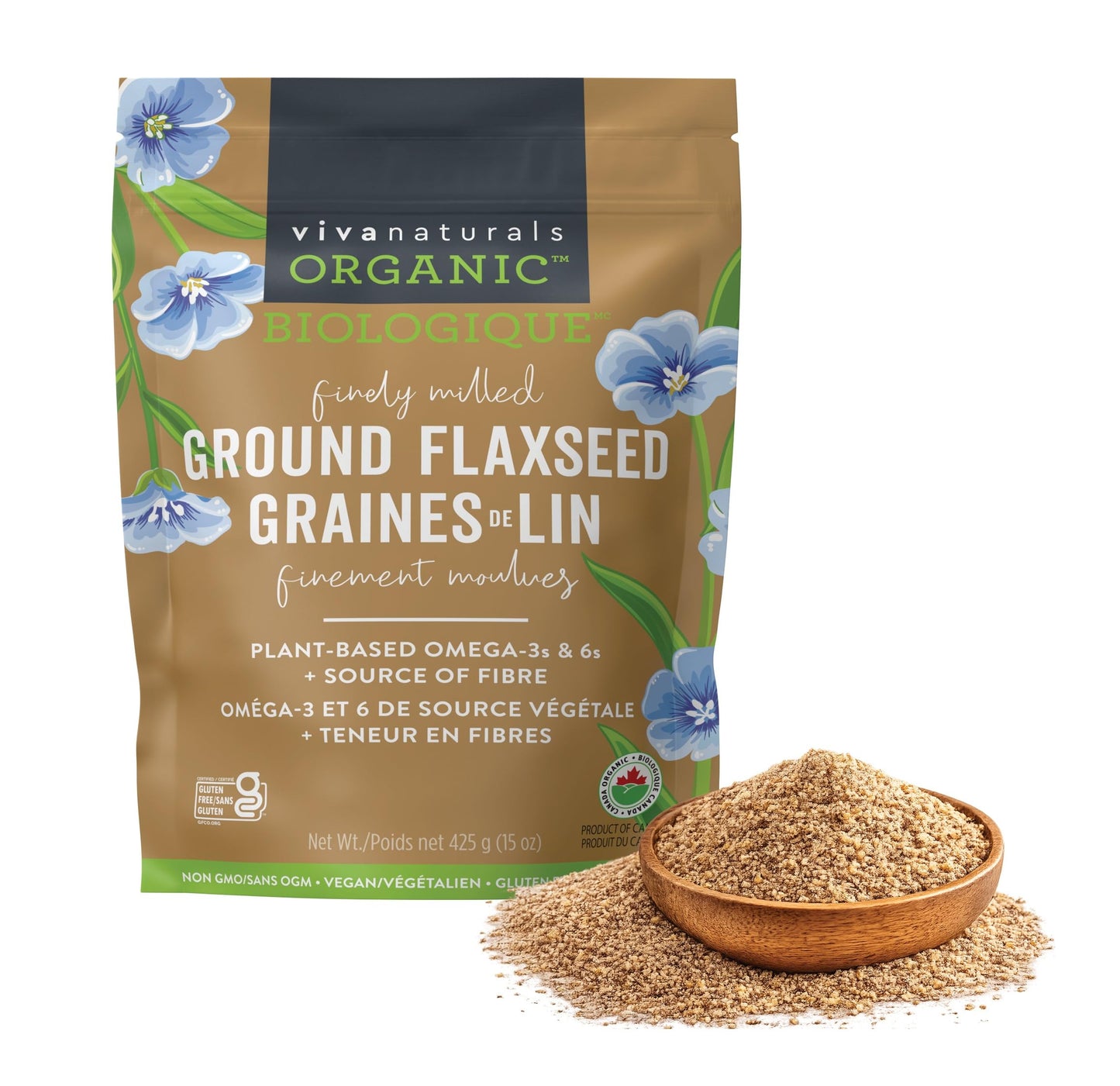 Viva Naturals Organic Ground Flaxseed, 30 oz (850 g) – Plant-Based Protein, Vegan Omega-3 & Fiber, Finely Milled Flax Seeds, Perfect for Smoothies & Baking