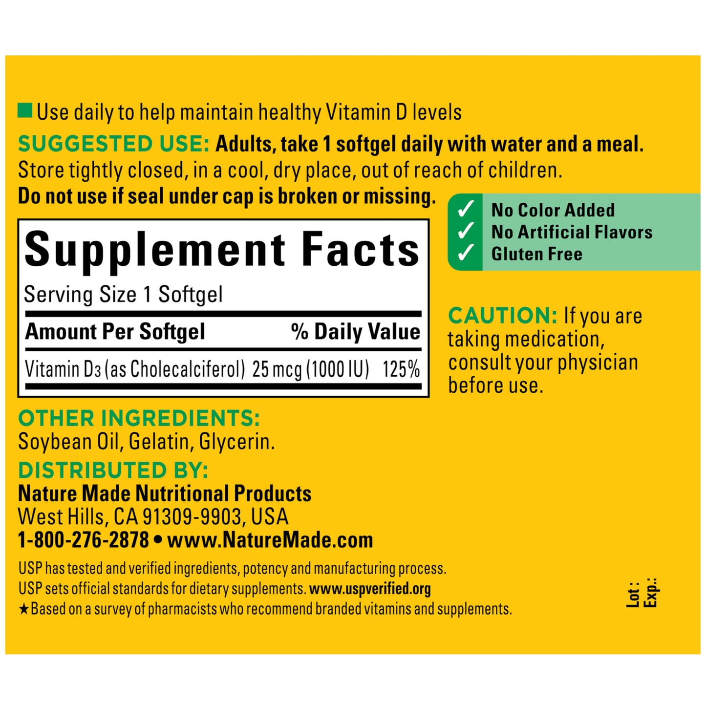 Nature Made Vitamin D3 1000 IU (25 mcg), Vitamin D Supplement for Bone, Teeth, Muscle and Immune Health Support, 100 Softgels, 100 Day Supply