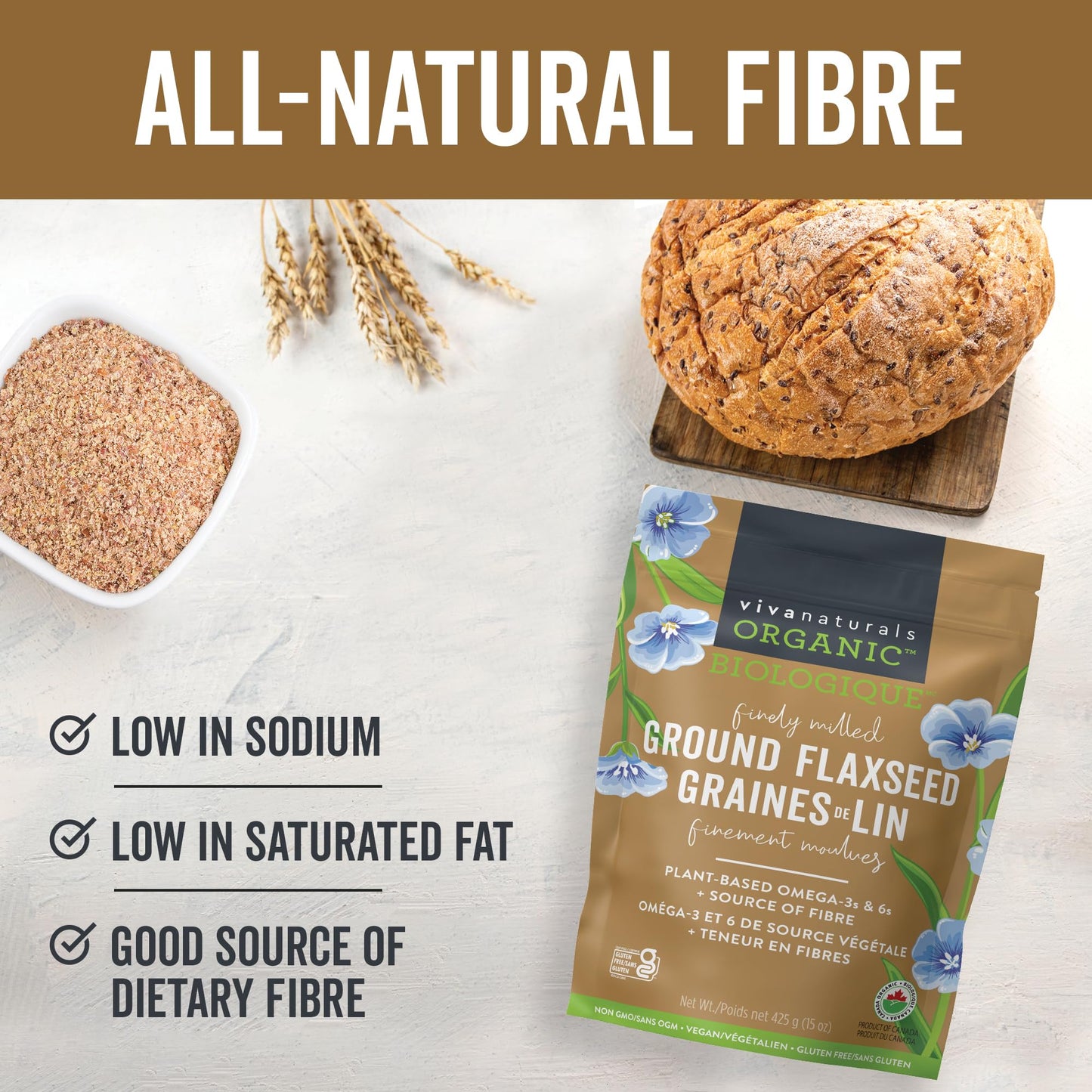 Viva Naturals Organic Ground Flaxseed, 30 oz (850 g) – Plant-Based Protein, Vegan Omega-3 & Fiber, Finely Milled Flax Seeds, Perfect for Smoothies & Baking