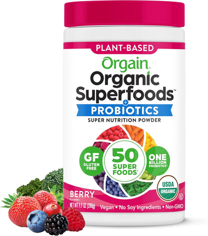 Orgain Organic Greens Powder + 50 Superfoods, Original - 1 Billion Probiotics for Digestive Health, Antioxidants, Vegan, Plant-Based, Gluten-Free, Non-GMO, Green Juice & Smoothie Drink Mix - 0.62lb